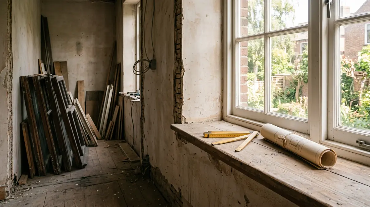 Room under renovation with stacked window frames in shade and a sunlit sill holding a folding wooden ruler and rolled plans