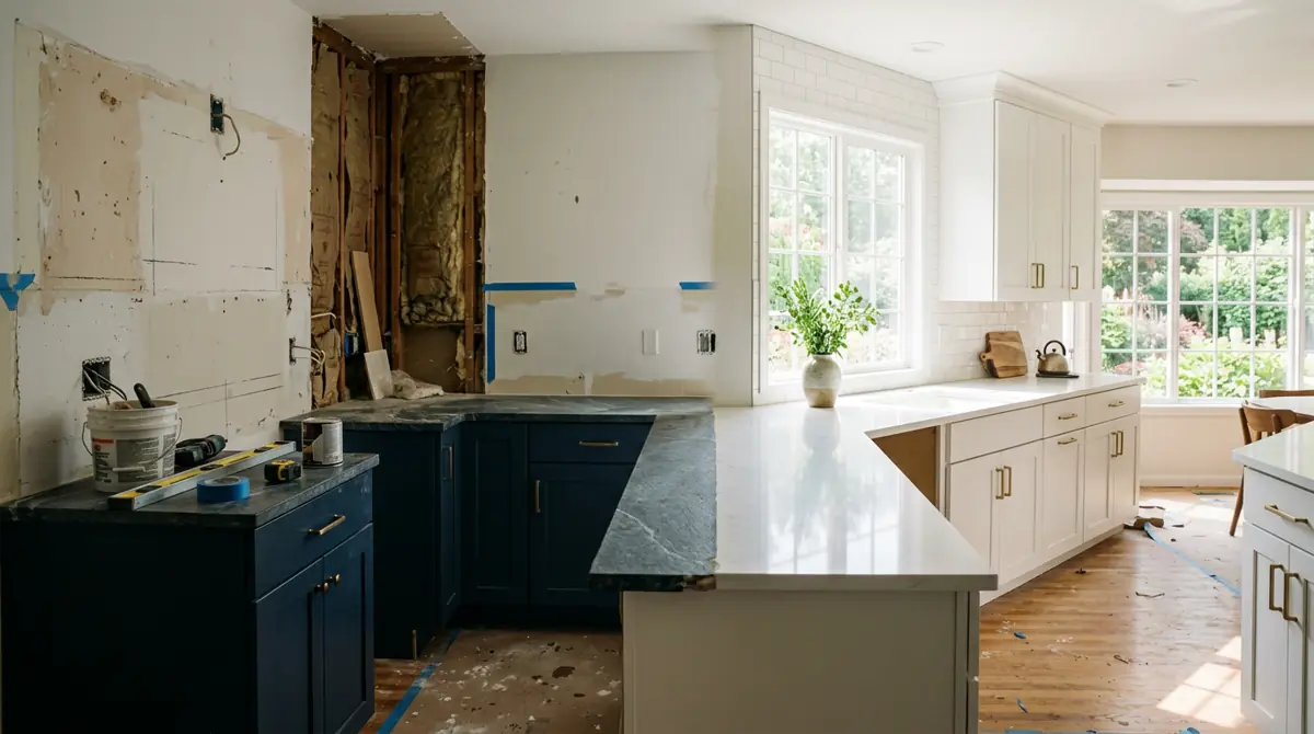 Panoramic view of window and door installation work in progress moving from a shaded interior wall to a bright finished opening