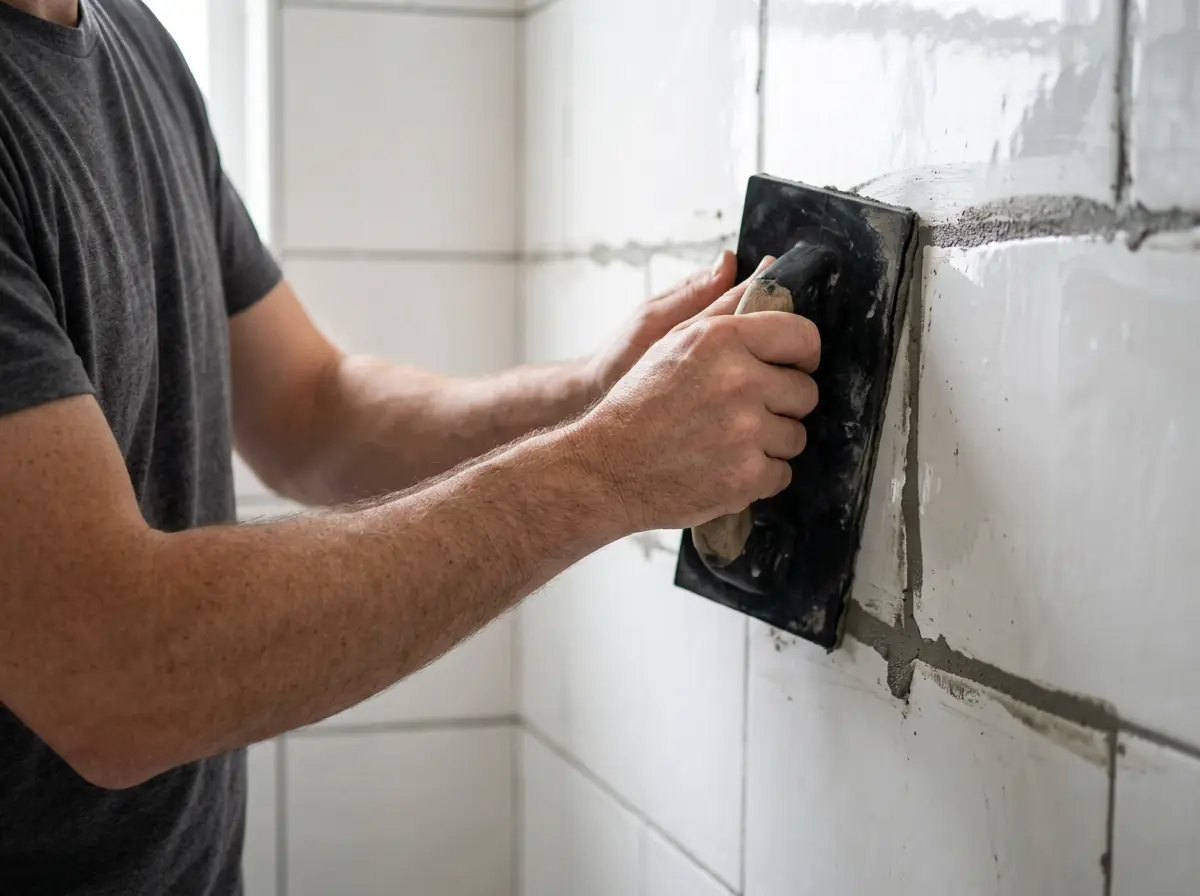 Rubber grout float pressing grout into the joints of new bathroom wall tile