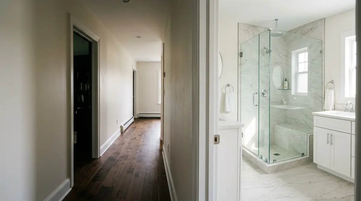 Remodeled home hallway with dark hardwood flooring opening into a sunlit bathroom with a frameless glass shower door and marble tile