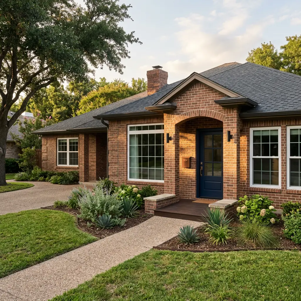Texas brick home exterior with newly installed white-framed windows and a navy blue front door in late afternoon light