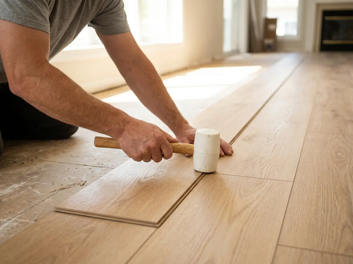 Rubber mallet tapping a luxury vinyl plank into place on a new floor