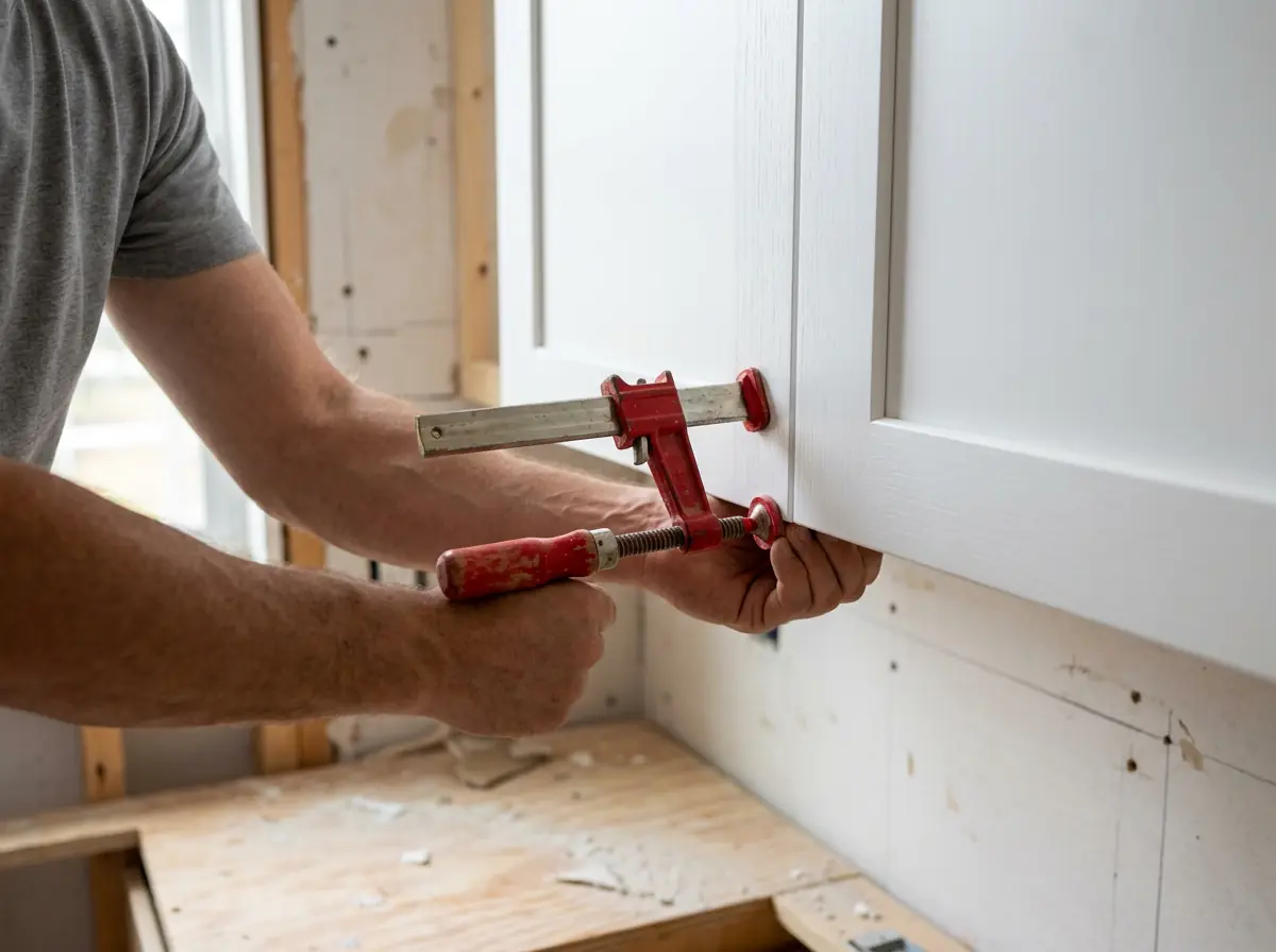 Face-frame clamp holding two white shaker kitchen cabinets together during installation