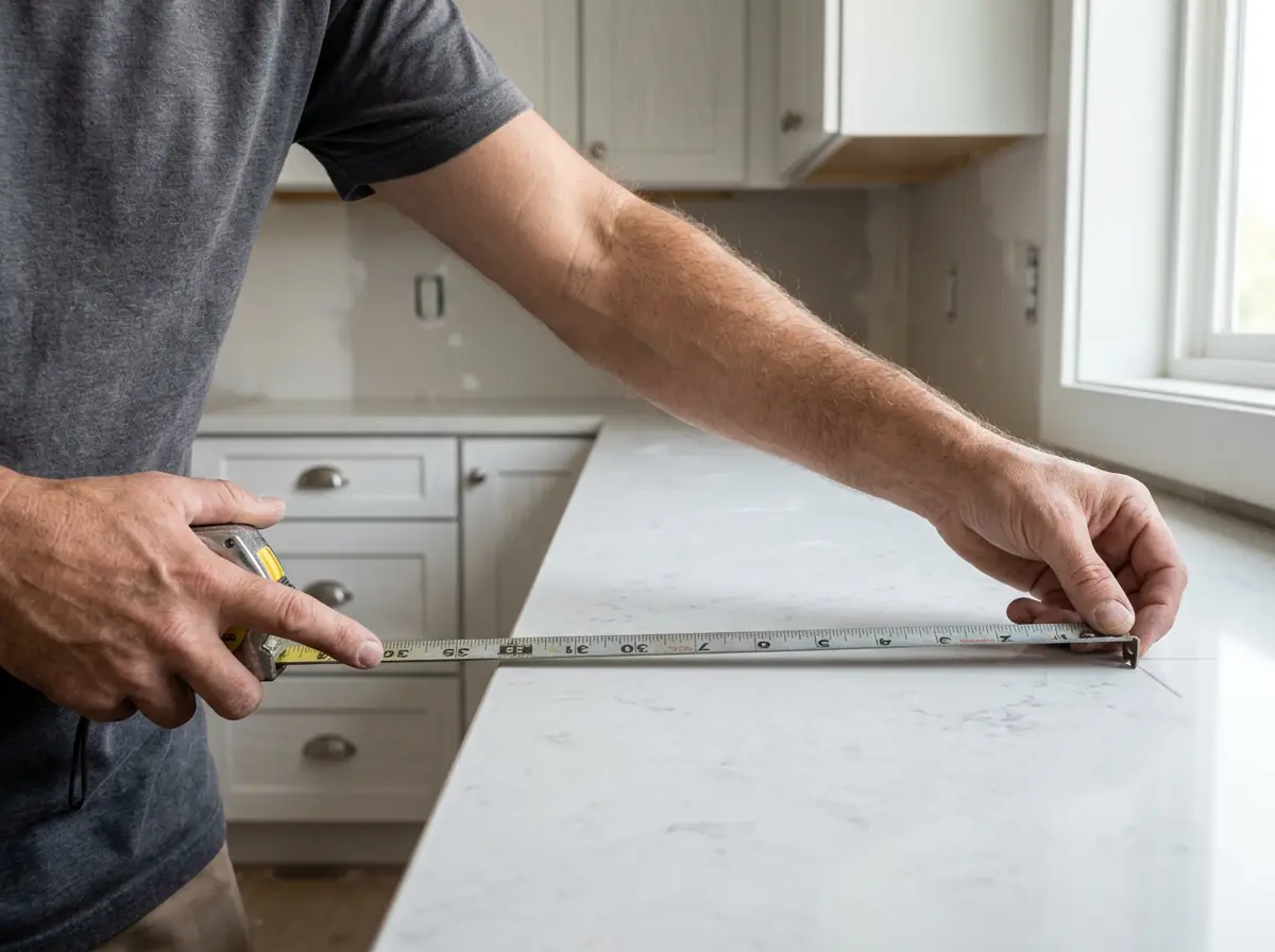 Steel tape measure checking the span of a quartz kitchen countertop before fitting