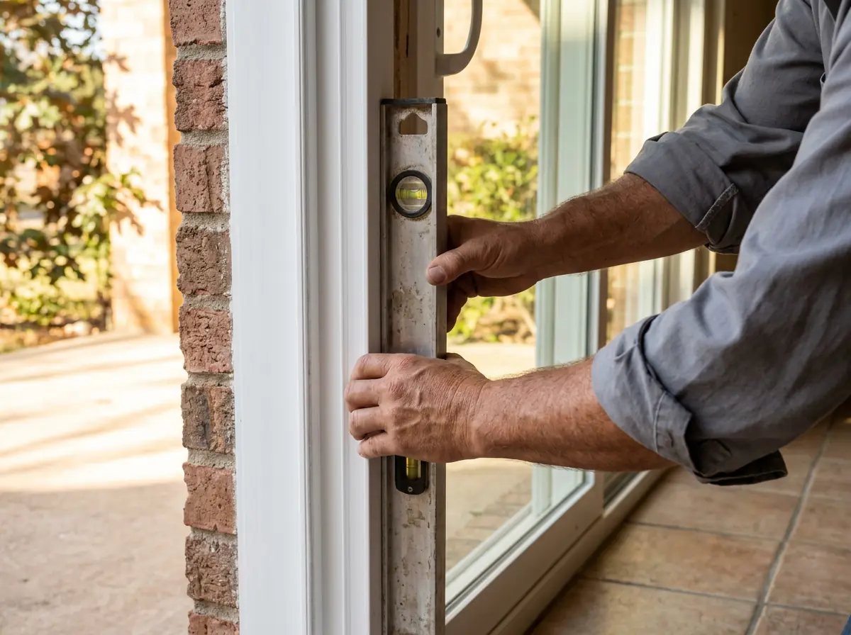 Installer using a spirit level to plumb a new sliding glass patio door frame