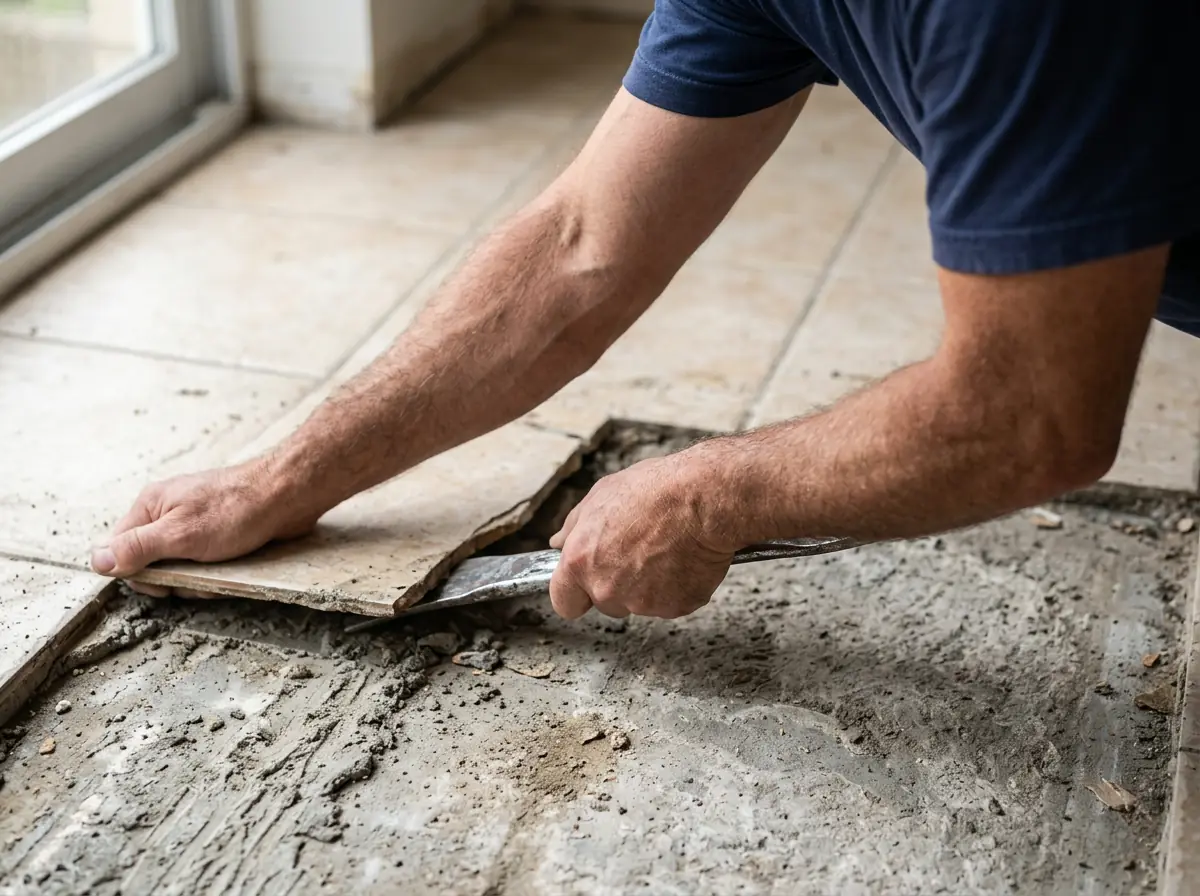 Flat pry bar lifting worn tile off a concrete subfloor before new flooring goes in