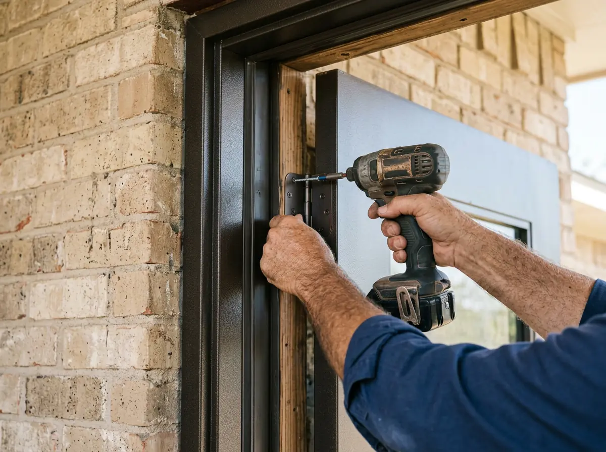 Cordless drill driving a screw into the hinge side of a new exterior entry door