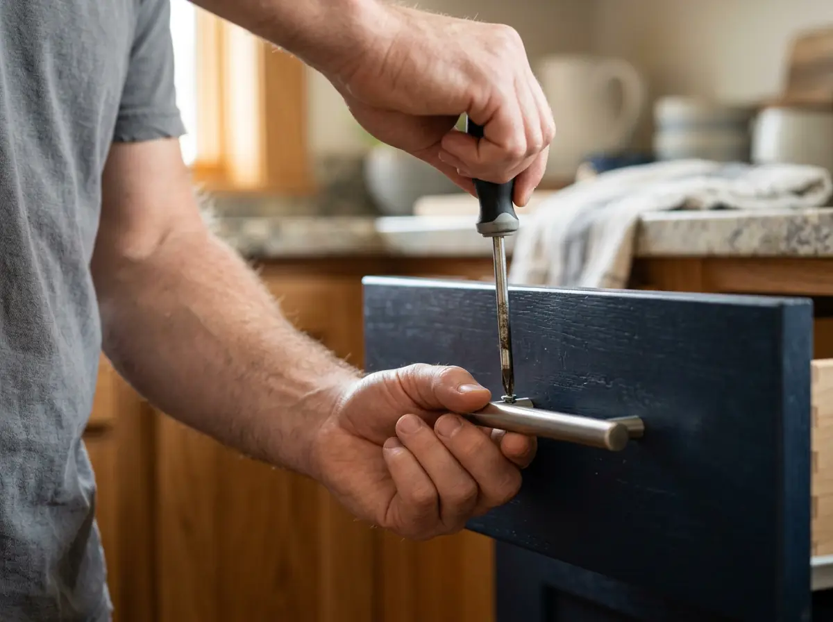 Screwdriver fastening a matte black cabinet pull to a kitchen drawer front