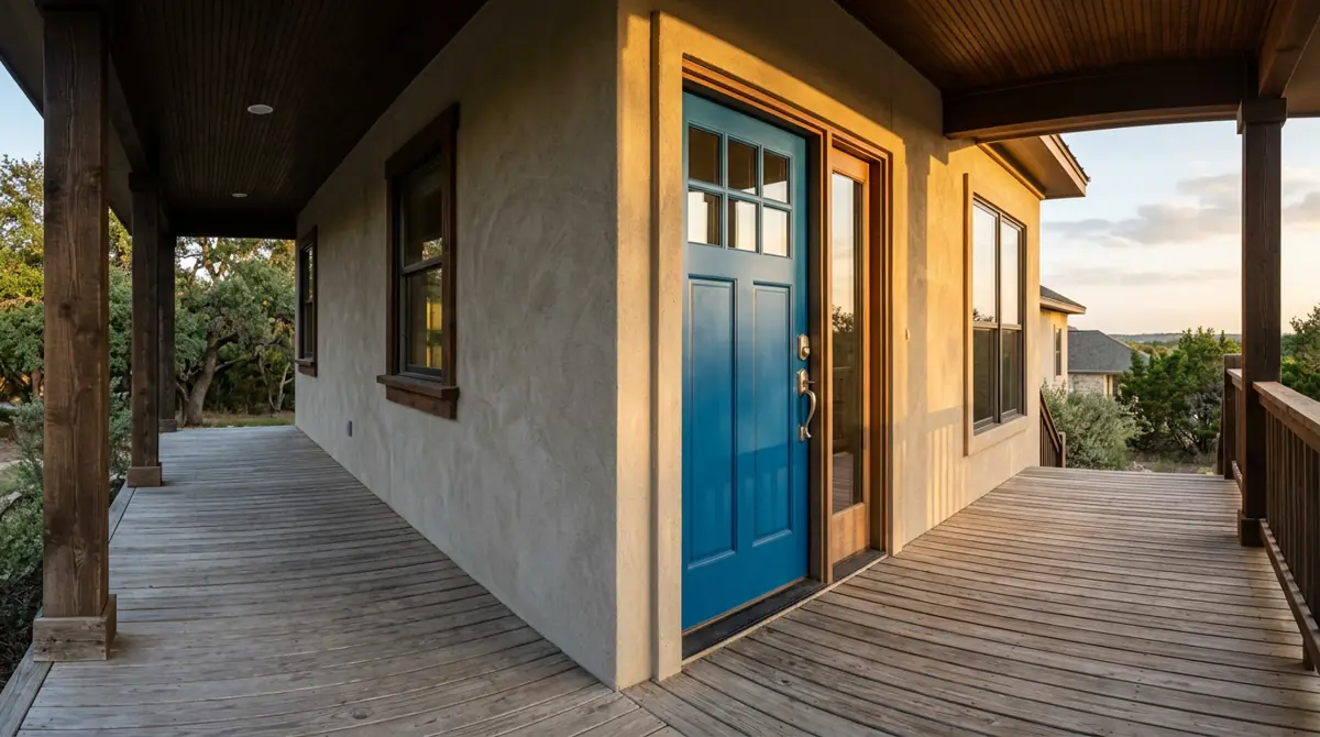 Covered residential porch at golden hour with a newly installed blue front door and sidelight beside stucco walls