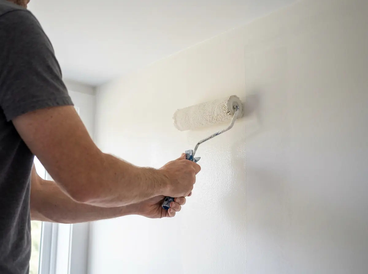 Paint roller applying warm white paint to a smooth interior wall during a remodel