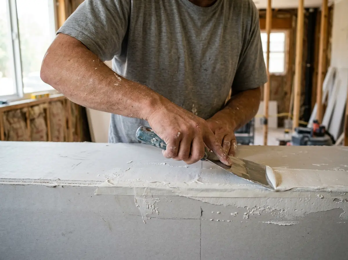 Wide taping knife smoothing joint compound over a drywall seam in a gutted room