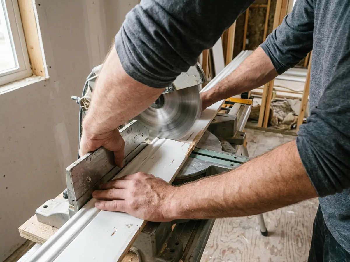 Miter saw cutting white baseboard trim moulding in a room under renovation