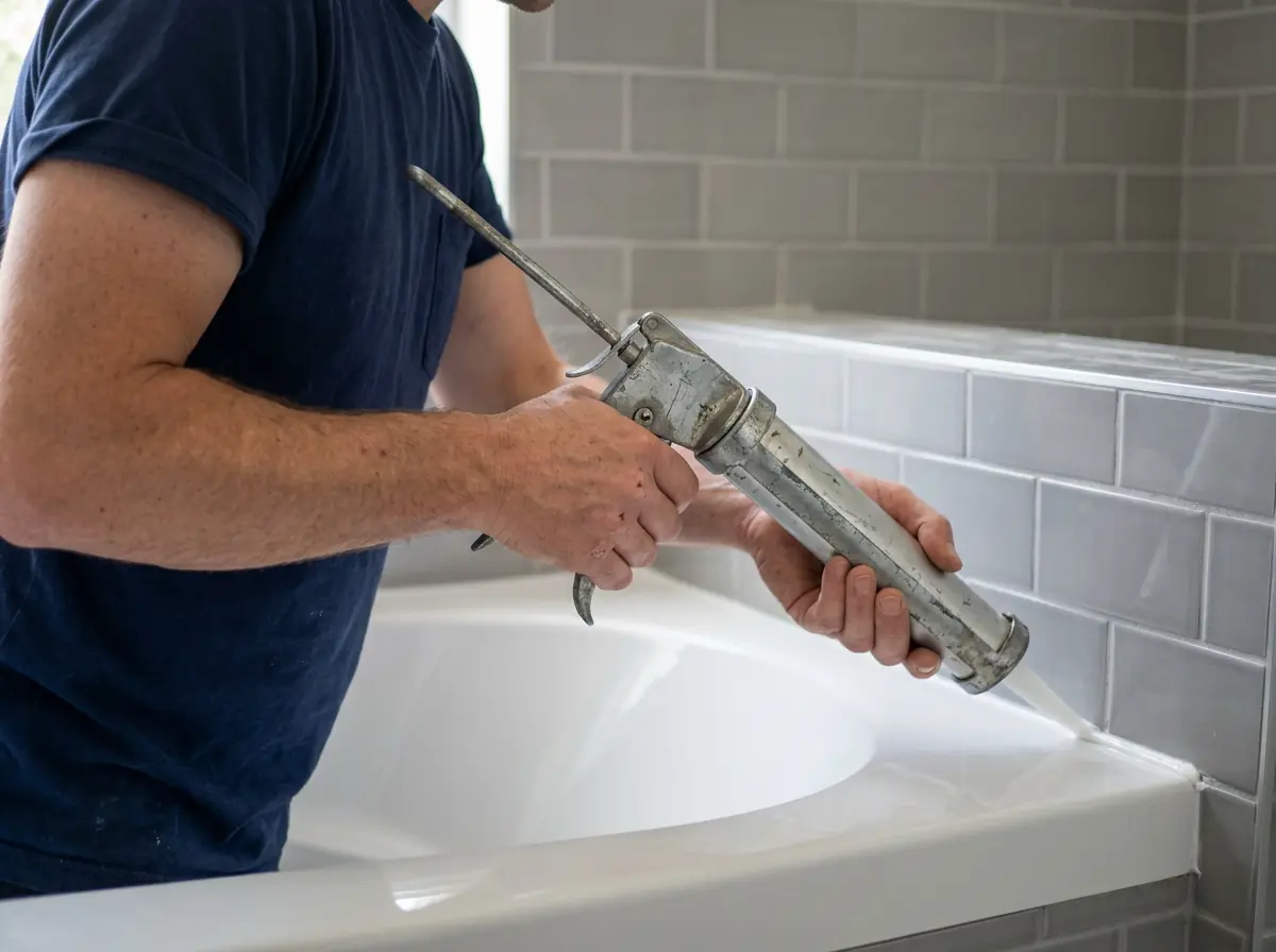 Caulking gun laying a bead of white silicone along a bathtub and tile joint
