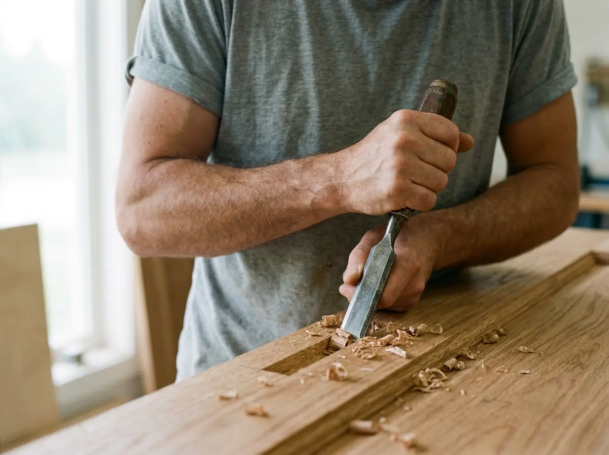 Wood chisel cutting a hinge mortise into a door edge during door installation